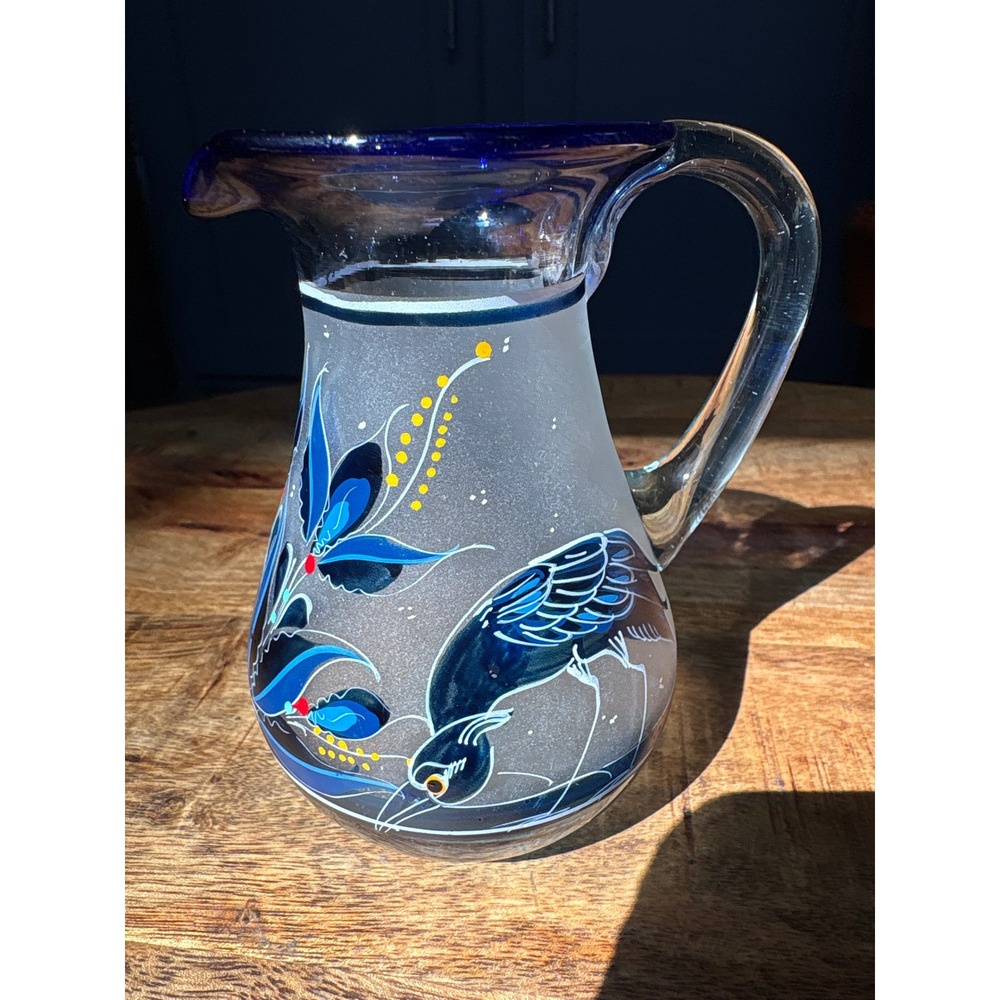 Handblown Frosted Glass Pitcher Blue Hand Painted Floral Bird Cobalt Rim Vtg - Picture 2 of 6